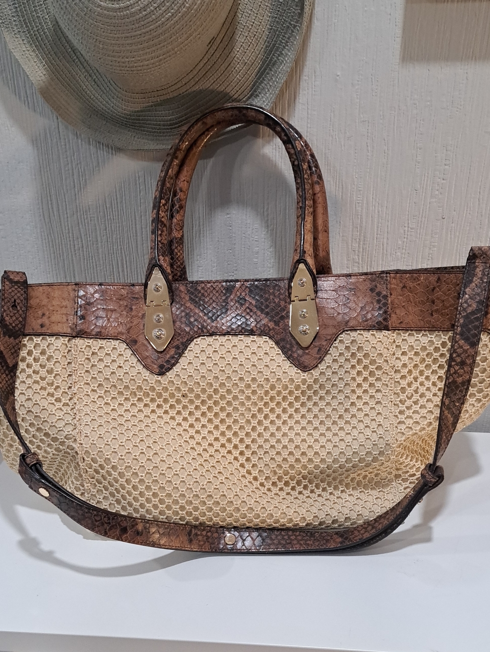 henri bendel Cream Woven Tote with Brown Snakeskin Trim